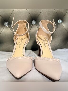 New, Jessica Simpson Blush Pointed-Toe Ankle-Strap Heels with Stud Trim